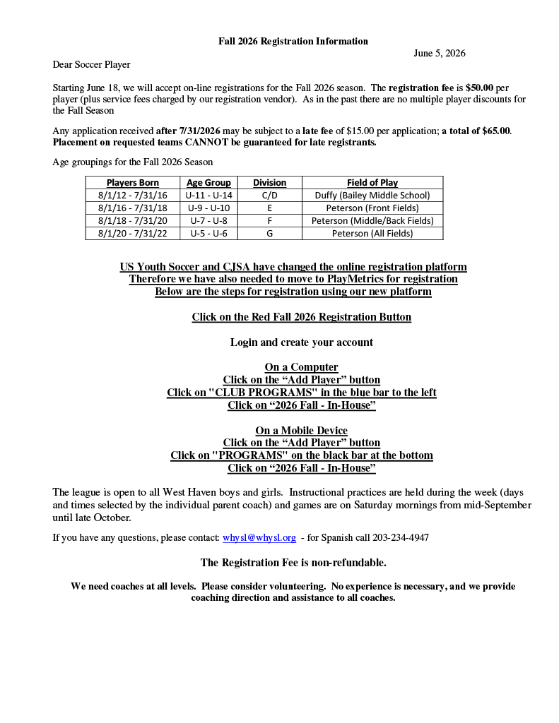 Fall 2026 Registration Information